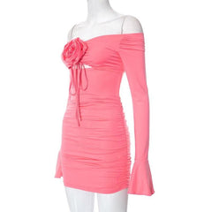 Flower applique hollow out ruched long flared sleeve cut out mini dress-final-sale