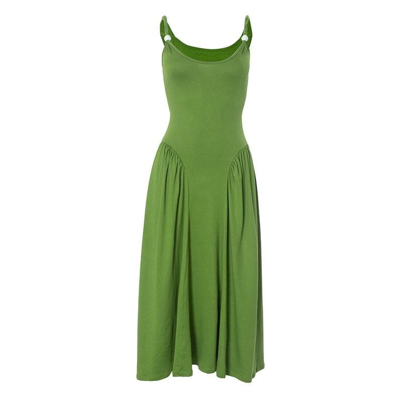 Ruched u neck beaded solid cami midi dress
