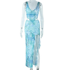 V neck slit knotted cami maxi skirt set