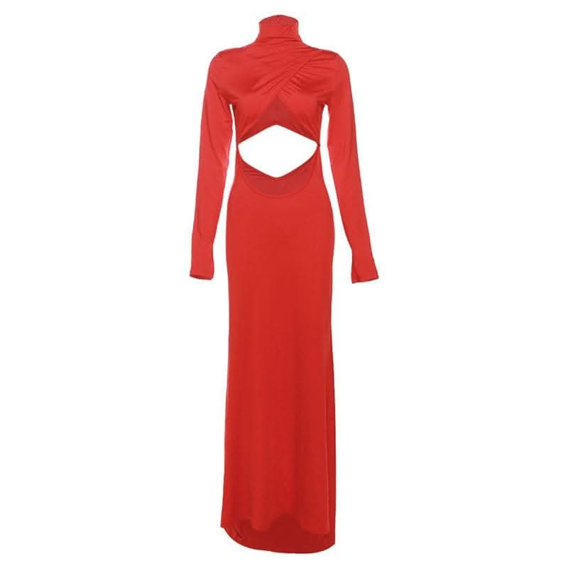 Hollow out solid long sleeve high neck zip-up cut out maxi dress-final-sale