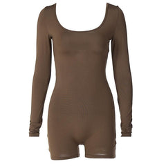 Long sleeve u neck lace up backless solid romper-final-sale
