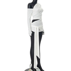 One shoulder long sleeve ruched hollow out knotted cut out top