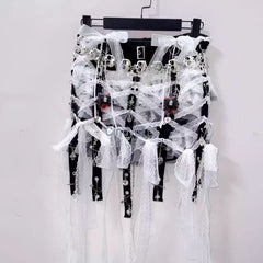 Lace hem v neck bowknot self tie skull applique top
