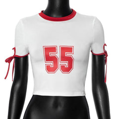 Short sleeve "55" pattern self tie crop top