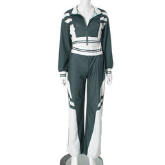 Turnover collar zip-up contrast sports pants set