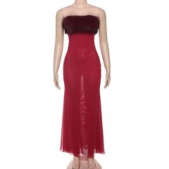 Fluffy patchwork mesh backless tube maxi dress
