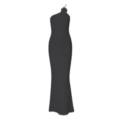 Flower applique one shoulder textured slit cami maxi dress