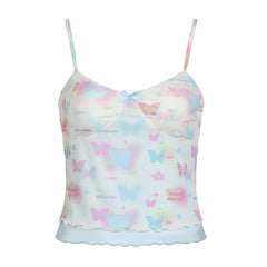 Bowknot butterfly print mesh ruffle cami top