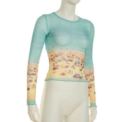 Long sleeve crewneck contrast mesh top