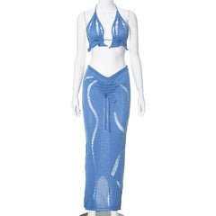 Halter knitted drawstring self tie slit maxi skirt set