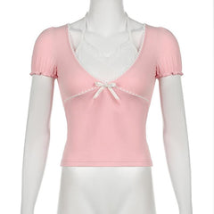 Short puff sleeve halter patchwork bowknot top