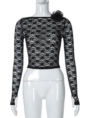 Long sleeve lace flower applique backless top