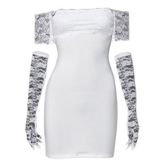 Off shoulder gloves patchwork lace mini dress-final-sale
