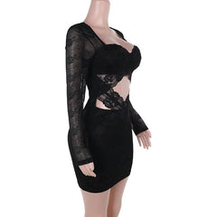Long sleeve hollow out lace zip-up cut out mini dress