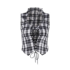 Plaid sleeveless lace up corset top