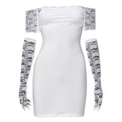 Off shoulder gloves patchwork lace mini dress