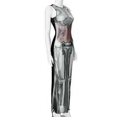 Sleeveless crewneck body print sheer mesh maxi dress