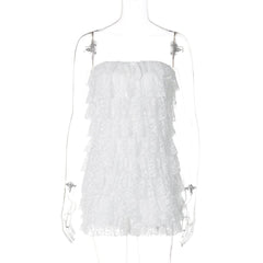 Bowknot lace backless ruffle tube mini dress