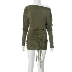 Ruched drawstring self tie long sleeve irregular mini dress