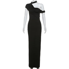 Short sleeve halter one shoulder irregular maxi dress