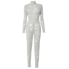 Crochet hollow out high neck lace up solid jumpsuit-final-sale