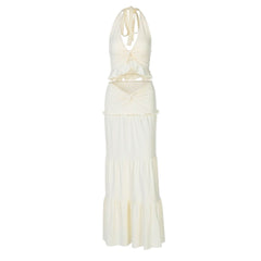 Halter v neck ruffle ruched maxi dress skirt set