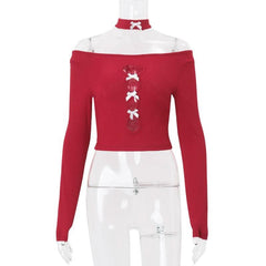 Long sleeve hollow out bowknot off shoulder cut out top