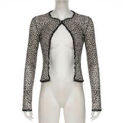 Leopard print long sleeve mesh crop top