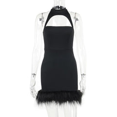 Hollow out halter fluffy backless button solid cut out mini dress