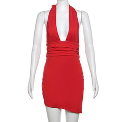 Halter deep v neck ruched backless mini dress