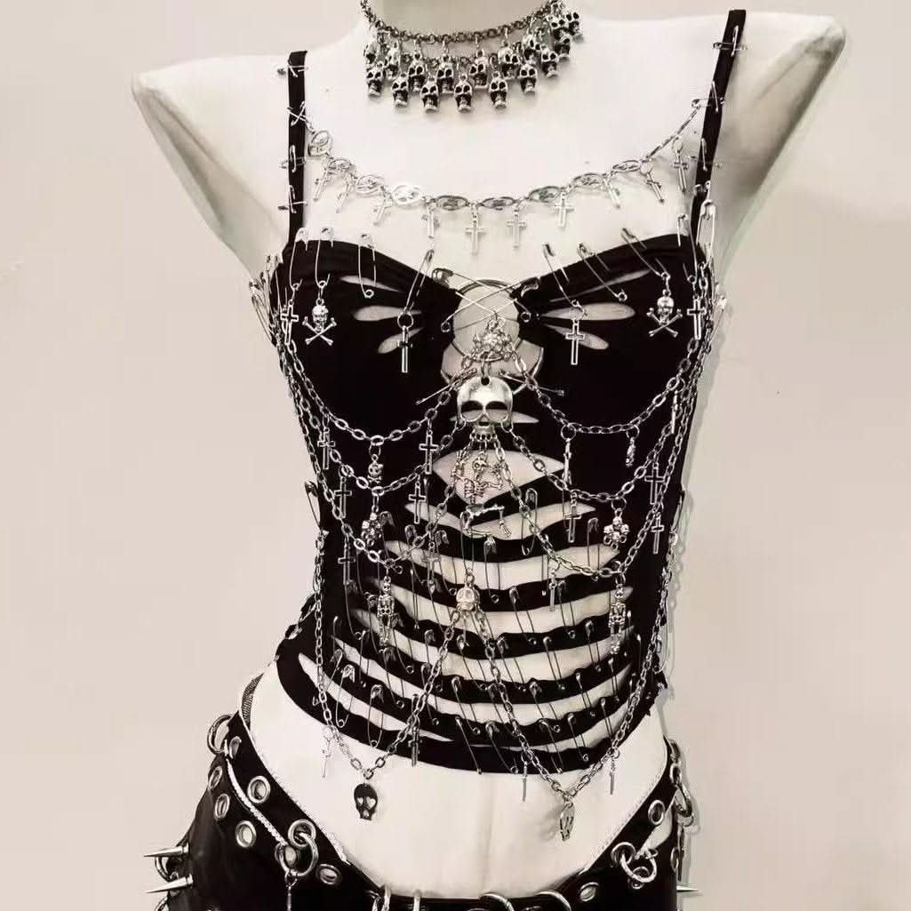 Hollow out metal chain skull applique o ring cami cut out top