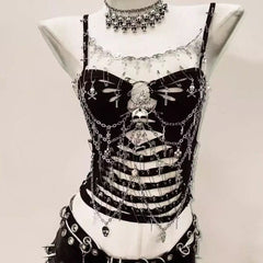 Hollow out metal chain skull applique o ring cami cut out top