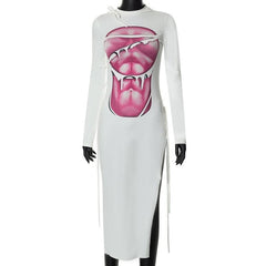 Long sleeve contrast abstract print slit midi dress-final-sale