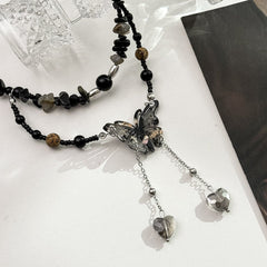 Butterfly decor layered beaded choker necklace