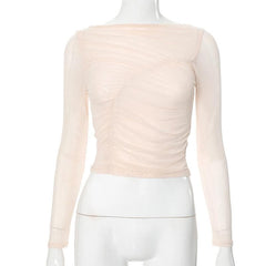 Long sleeve sheer mesh off shoulder ruched crop top