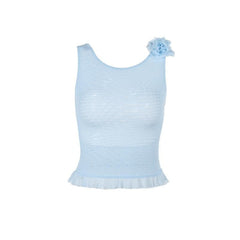 Sheer mesh flower applique see through sleeveless ruffle backless top