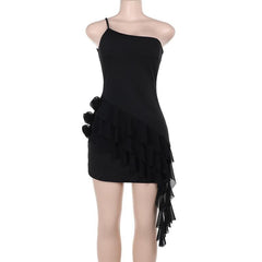 One shoulder ruffle flower applique mini dress