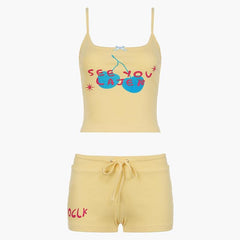 U neck letter print bowknot cami pant set