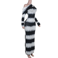 Irregular long sleeve one shoulder striped maxi dress-final-sale