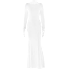 Long sleeve round neck ruched backless maxi dress