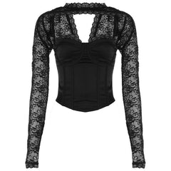 Long sleeve lace zip-up solid backless bustier patchwork top