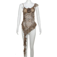 Leopard print flower applique irregular ruffle cami top