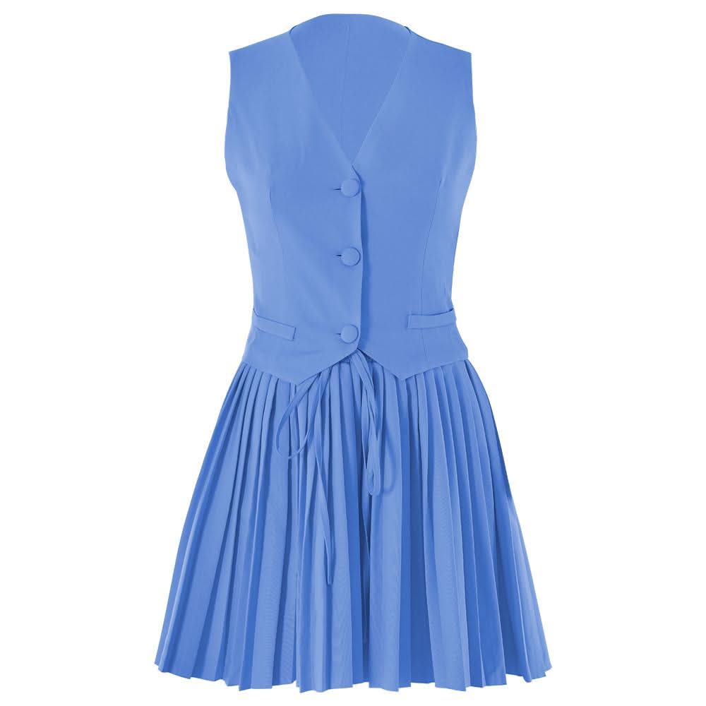 Pleated deep V neck button self tie solid mini skirt set