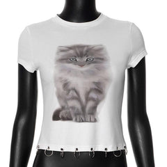 Short sleeve cat print o ring top
