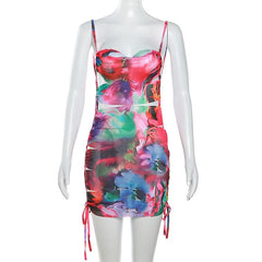 Hollow out flower print drawstring contrast cami cut out mini dress