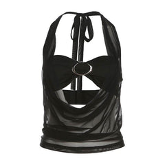 Halter self tie mesh backless solid 2 piece top