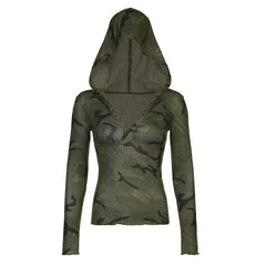 Camouflage contrast hoodie button long sleeve top-final-sale