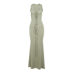 Deep v neck lace up solid tank maxi dress-final-sale