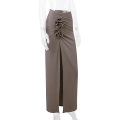 Ruched high slit flower applique irregular solid maxi skirt-final-sale