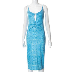 Ruched knotted slit print hollow out backless cami cut out midi dress-final-sale